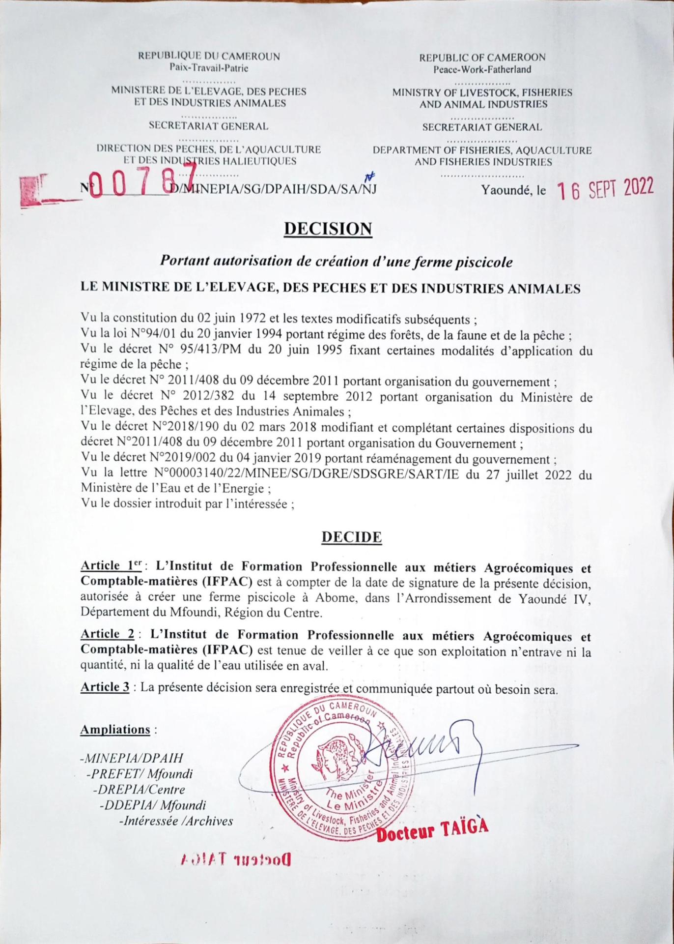 Decision de creation de ferme piscole fr