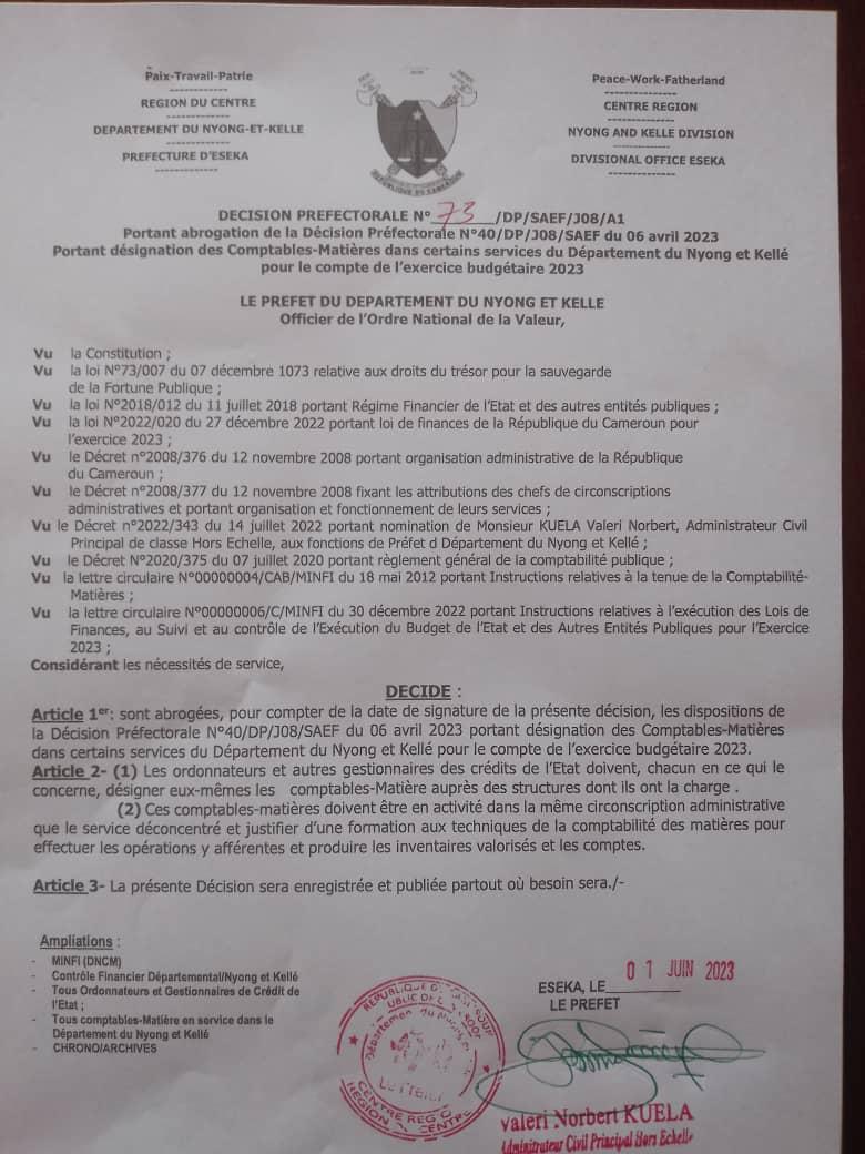 Décision du Préfet du NYONG et EKELE